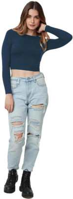 THE BLAZZE Casual Solid Women Dark Blue Top