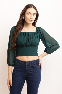Lilyn Casual Solid Women Dark Green Top