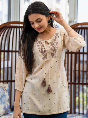 RR SA KURTIS Casual Embroidered Women Beige Top