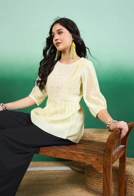 Sangria Casual Embroidered Women Yellow Top