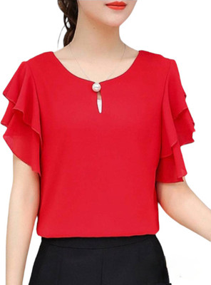 FESON Casual Solid Women Red Top
