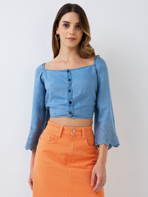 9 impression Casual Self Design Women Blue Top