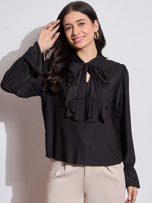 DRAPE AND DAZZLE Party Solid Women Black Top