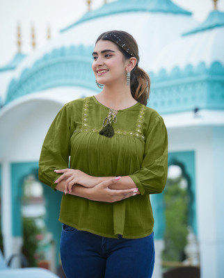 Yash Gallery Casual 3/4 Sleeve Embroidered Women Green Top