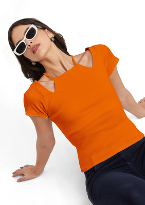 Berry Bird Casual Solid Women Orange Top