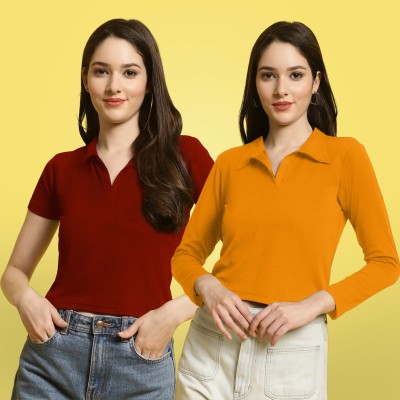 Fabflee Casual Solid Women Maroon, Orange Top