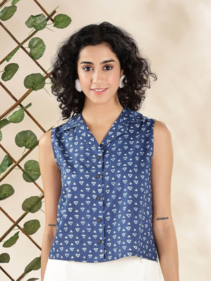 ANOUK Casual Geometric Print Women Blue Top