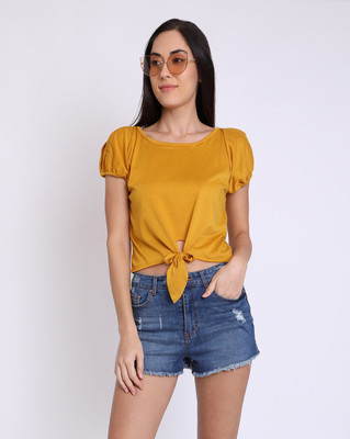 Chimpaaanzee Casual Cutout Sleeve Solid Women Yellow Top