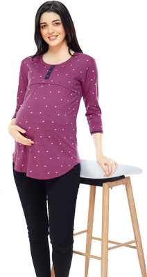 ZEYO Casual 3/4 Sleeve Printed Women Purple Top