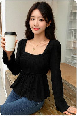 DESTINYPPAREL Casual Self Design Women Black Top
