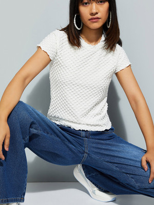 MAX Casual Self Design Women Beige Top