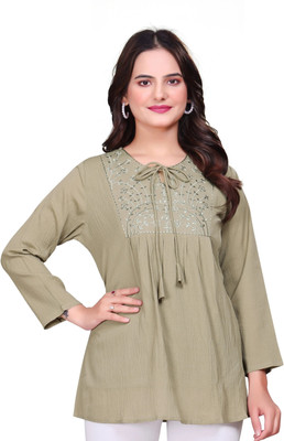 MAPRI Casual Embroidered Women Light Green Top