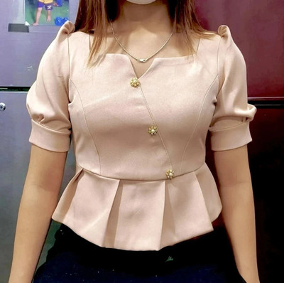 bluebestof Casual Solid Women Beige Top