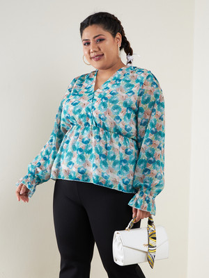 SASSAFRAS Curve Casual Floral Print Women Blue Top