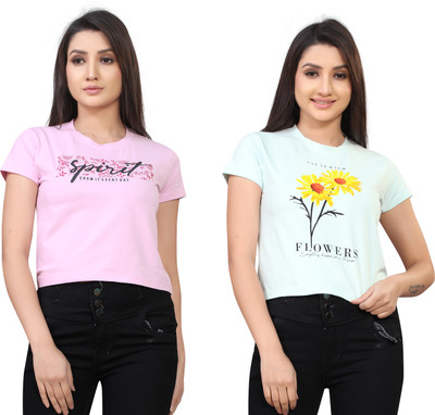 Tween Trends Casual Graphic Print Women Light Blue, Pink Top
