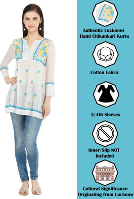 VAHSON Casual Cutout Sleeve Self Design, Embroidered Women White, Blue, Yellow Top