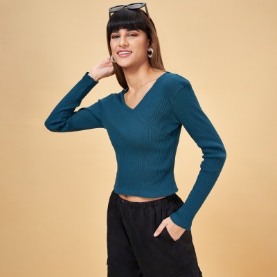 PEOPLE Casual Striped Women Dark Green Top