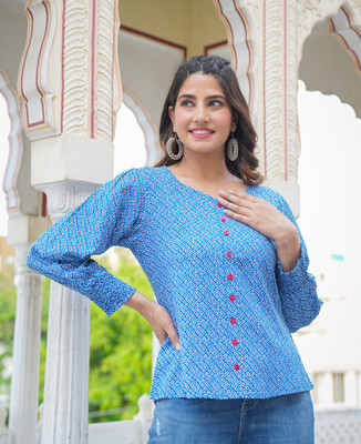 AKIKO Casual Geometric Print Women Blue Top