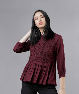 Tokyo Talkies Casual 3/4 Sleeve Solid Women Maroon Top