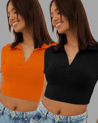 AUSK Casual Solid Women Orange, Black Top