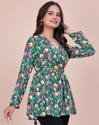 GLAM COUTURE Casual Printed Women Dark Green Top