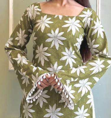 FABRICFETCH TEXTILES Casual Floral Print, Striped Women Green Top