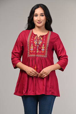 khwaishein Casual Embroidered Women Maroon Top