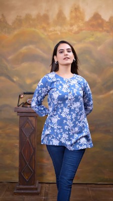 JIARAA Casual Printed Women Blue Top