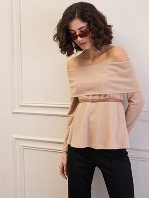 SASSAFRAS Casual Solid Women Beige Top