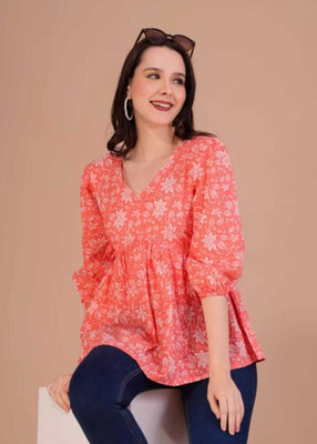 Yashangi Casual Floral Print Women Orange Top