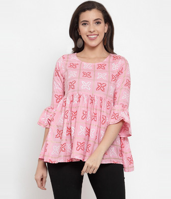 FEBIA Casual Bell Sleeve Printed Women Pink Top