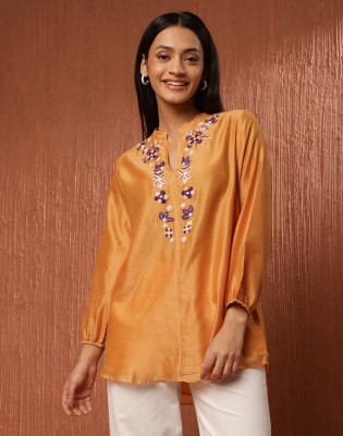 Fabindia Casual Embroidered Women Yellow Top