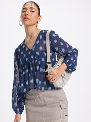 Glitchez Casual Printed Women Blue Top