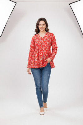 Desi Beats Casual Floral Print, Printed Women Red, Beige Top