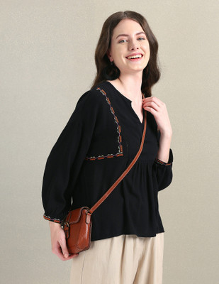 U.S. POLO ASSN. Casual Embroidered, Solid Women Black Top