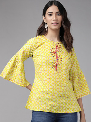 Yash Gallery Casual Geometric Print Women Green Top