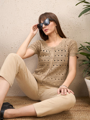 SASSAFRAS Casual Self Design Women Beige Top