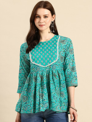 A&k Casual Floral Print, Lace Women Light Blue, Multicolor Top