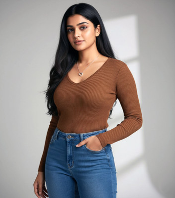 SHOPVYA Casual Solid Women Brown Top