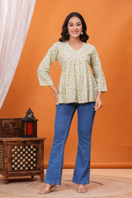 Myaza Casual Printed Women Light Green Top