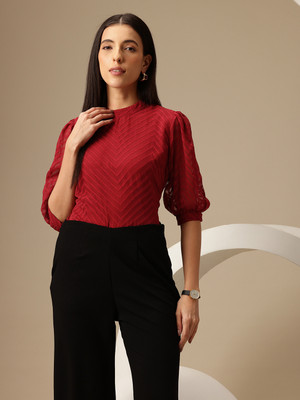 CHEMISTRY Casual Self Design Women Maroon Top