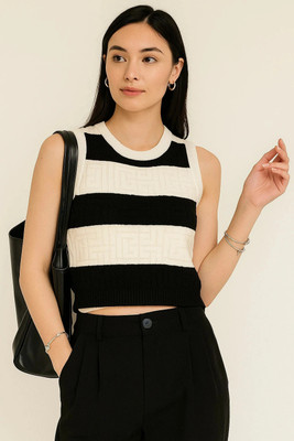 Ina fashion Casual Striped Women Black, Beige Top