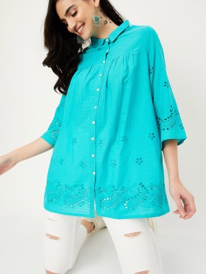 MAX Casual Solid Women Light Blue Top
