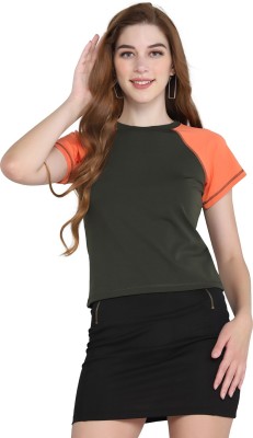 Leriya Fashion Casual Color Block Women Dark Green, Orange Top