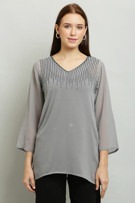 Burbi Casual Embellished Women Grey Top