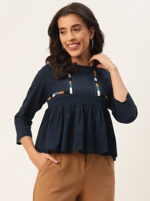 RangDeep Casual Embroidered Women Blue Top