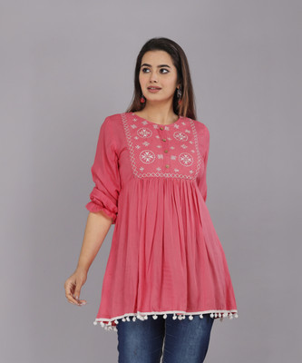 MARISY Casual Embroidered Women Pink Top