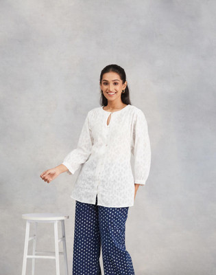 Fabindia Casual Self Design Women White Top
