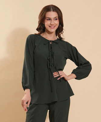 FashFun Casual 3/4 Sleeve Solid Women Dark Green Top