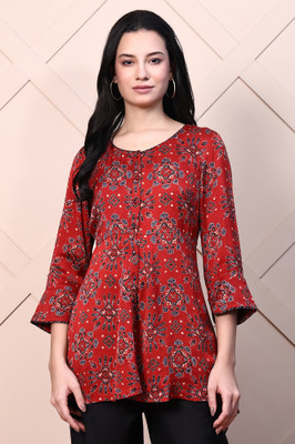 Folksong Casual Floral Print Women Red Top